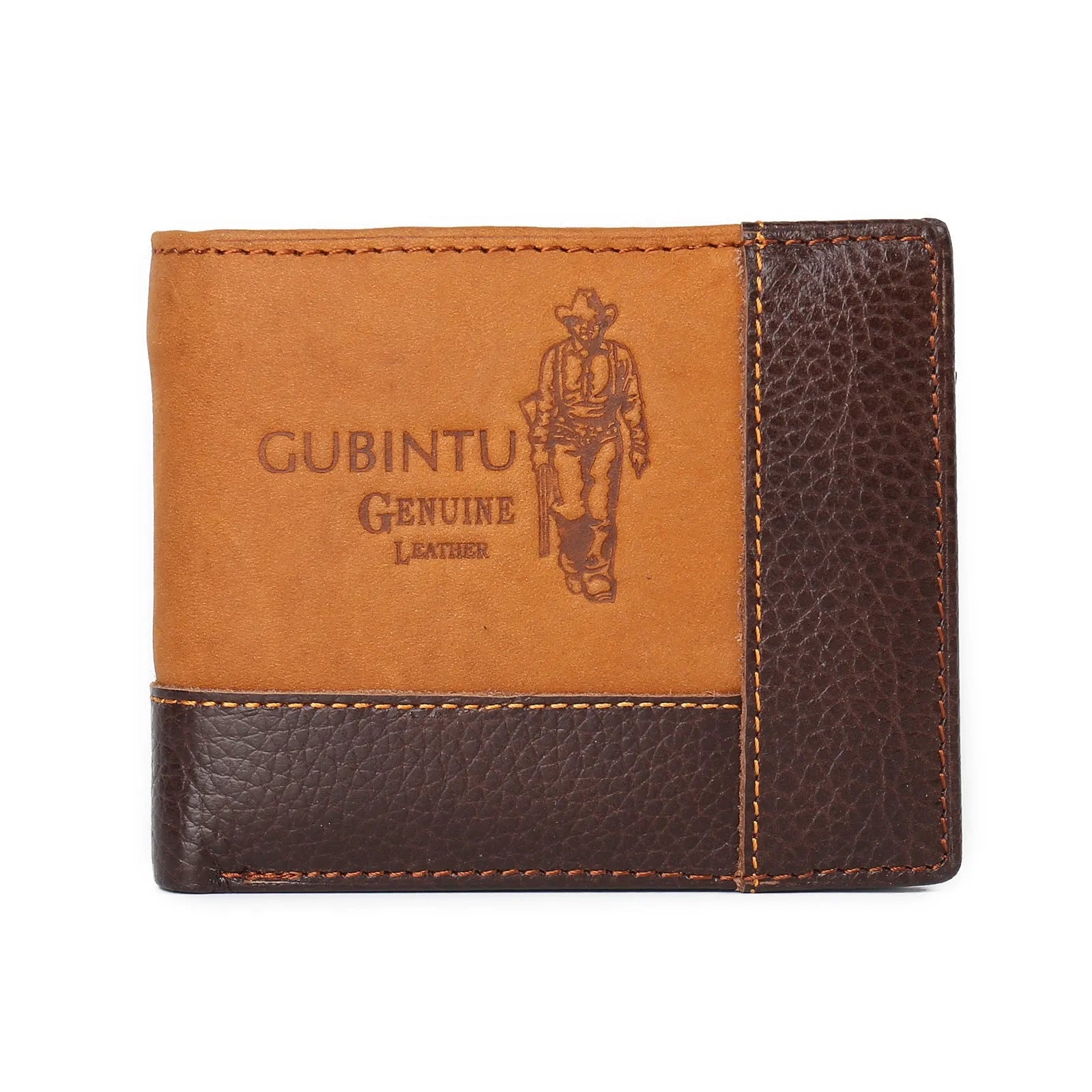 Soft cowhide leather men's wallet with decorative stitching, shown open to reveal card slots, a zipper compartment, and a bill holder.