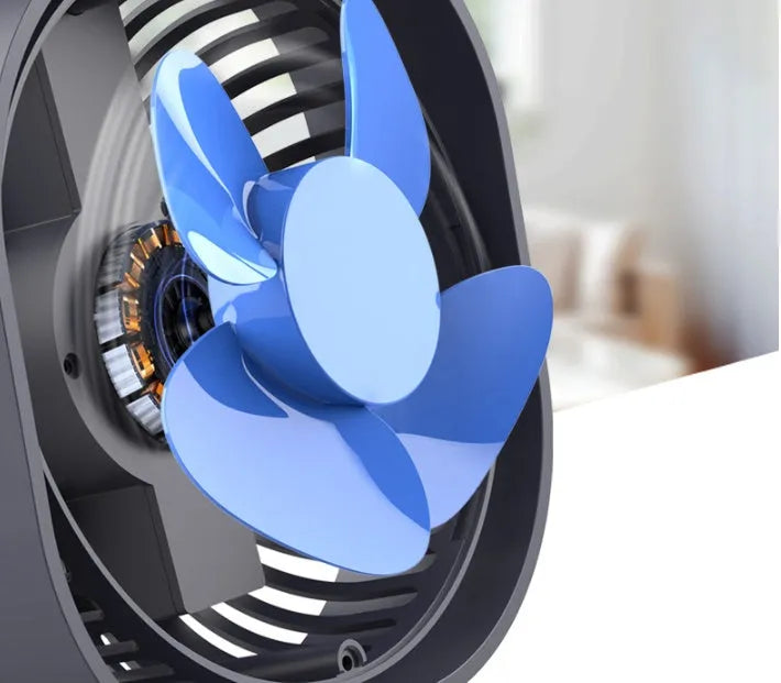 USB charging desk fan with alarm clock display in blue, showing 360-degree rotation capability.