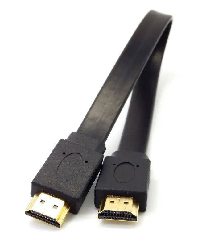 Flat black HDMI cable with male connectors showing length options for HD video connection.