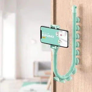 Flexible mobile phone holder with suction cup on desktop showing 360-degree rotation