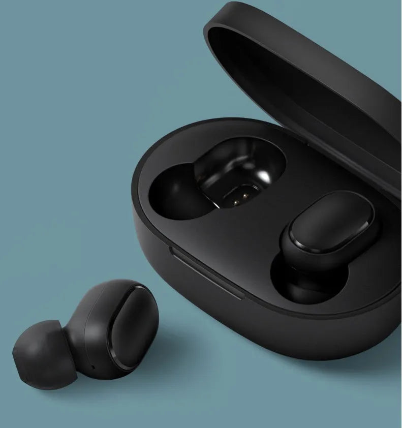 Black Redmi AirDots 2 true wireless earbuds and charging case on a white background.