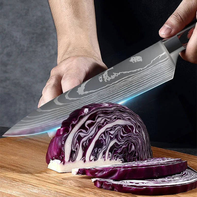 Chef knife with laser Damascus pattern on 7CR17 steel blade and colour steel handle.
