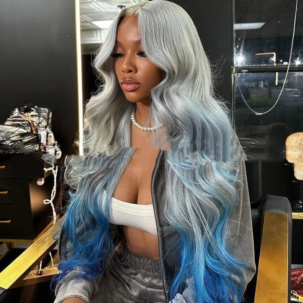 Women's grey to blue gradient human hair lace front wig in Ruili style on a mannequin head
