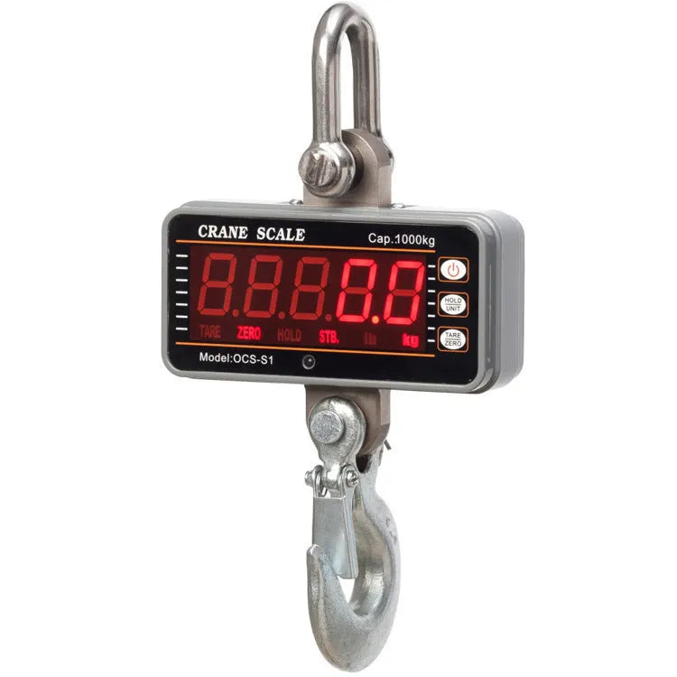Orange electronic crane scale with digital display showing weight measurement up to 500kg capacity