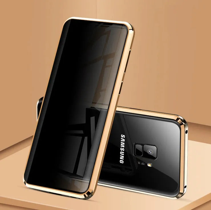 Magnetic privacy phone case for Samsung Galaxy with double-sided glass construction in black colour
