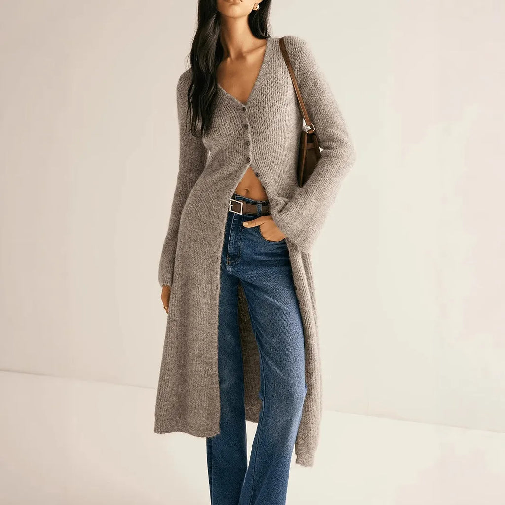 Khaki French style long sleeve cardigan coat with button front closure on mannequin