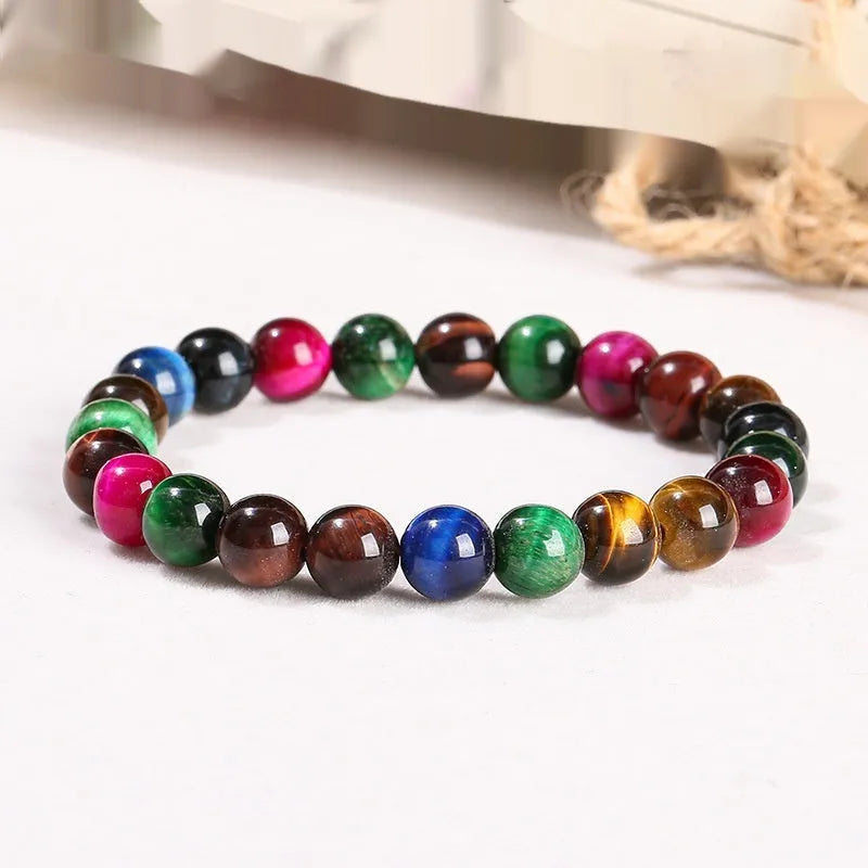 Colourful Tiger Eye stone bracelet with mixed string and round beads
