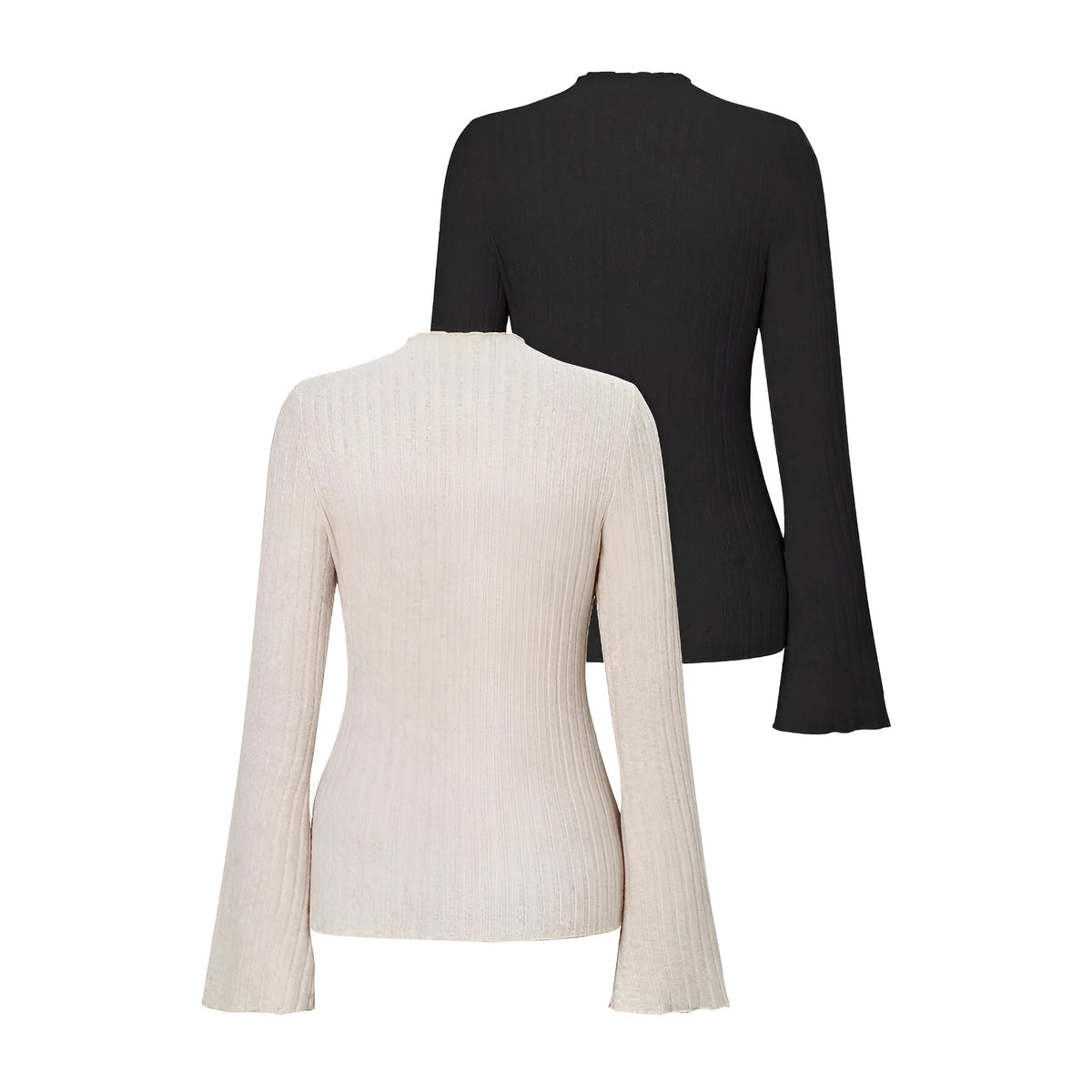 Black slim fit long sleeve polyester top with round neck and lantern sleeves on a hanger