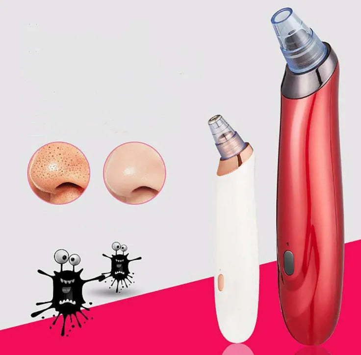 Black electric blackhead remover device with vacuum suction function and different coloured nozzles.