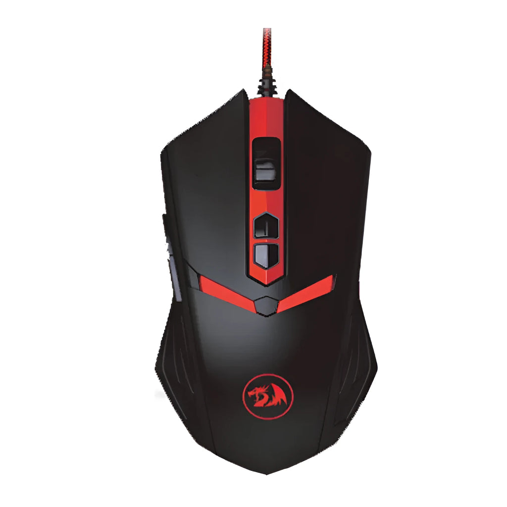 Black and red USB wired gaming mouse with ergonomic shape on a mouse mat.