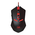 Black and red USB wired gaming mouse with ergonomic shape on a mouse mat.