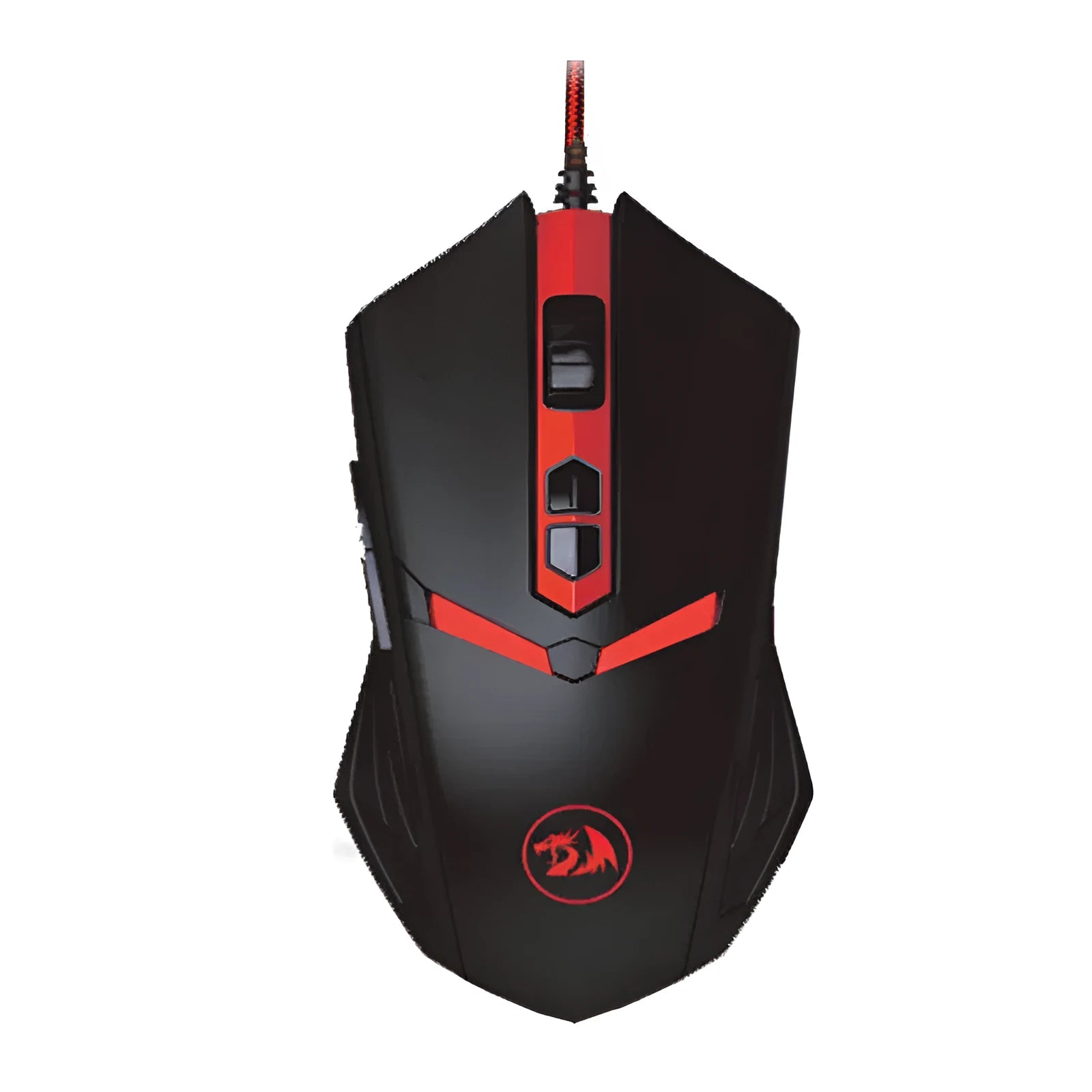 Black and red USB wired gaming mouse with ergonomic shape on a mouse mat.