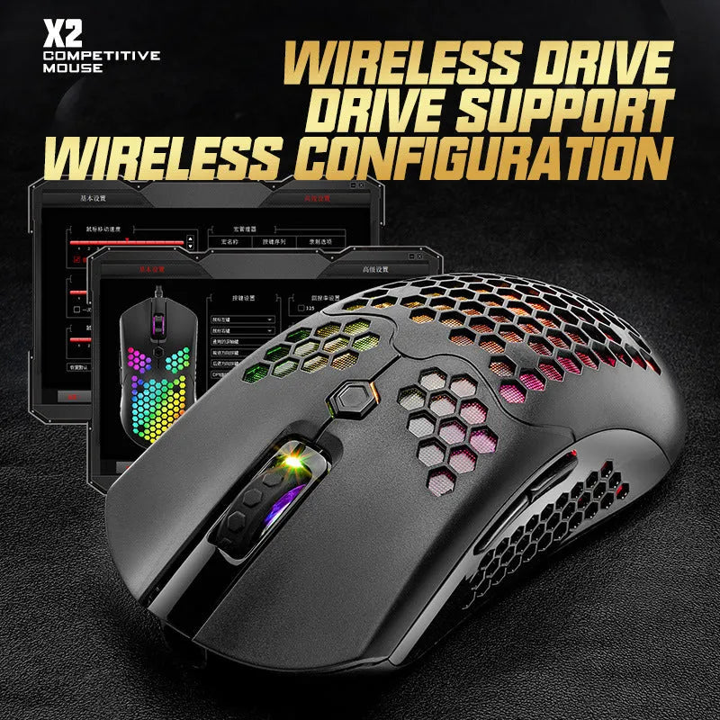 Free Wolf X2 wireless gaming mouse in multiple colours showing RGB lighting and dual-mode connectivity.