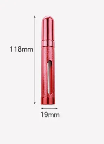 12ml aluminium portable perfume bottle in bullet shape with glass liner, shown in various colours.