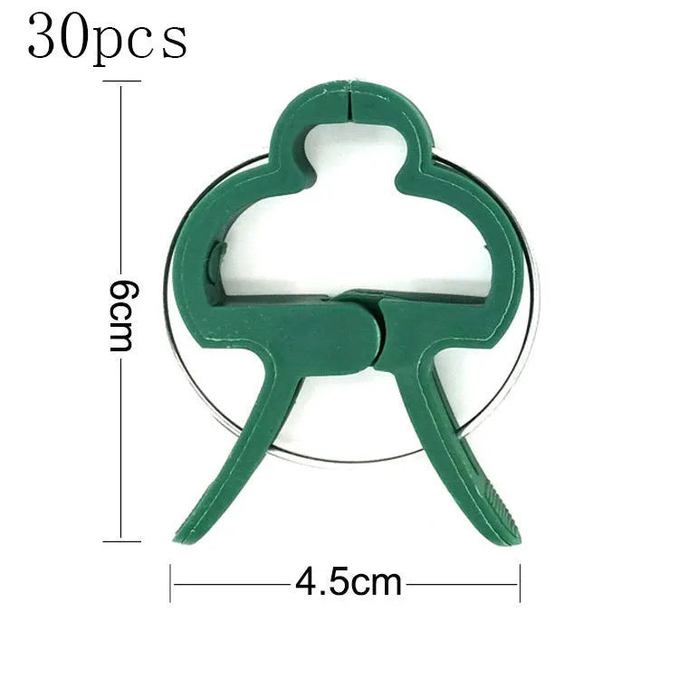 Green plastic and zinc plant fixing clips for supporting climbing tomatoes and beans