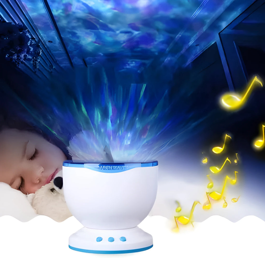Blue stationary ocean projection lamp with DLP technology on a surface.
