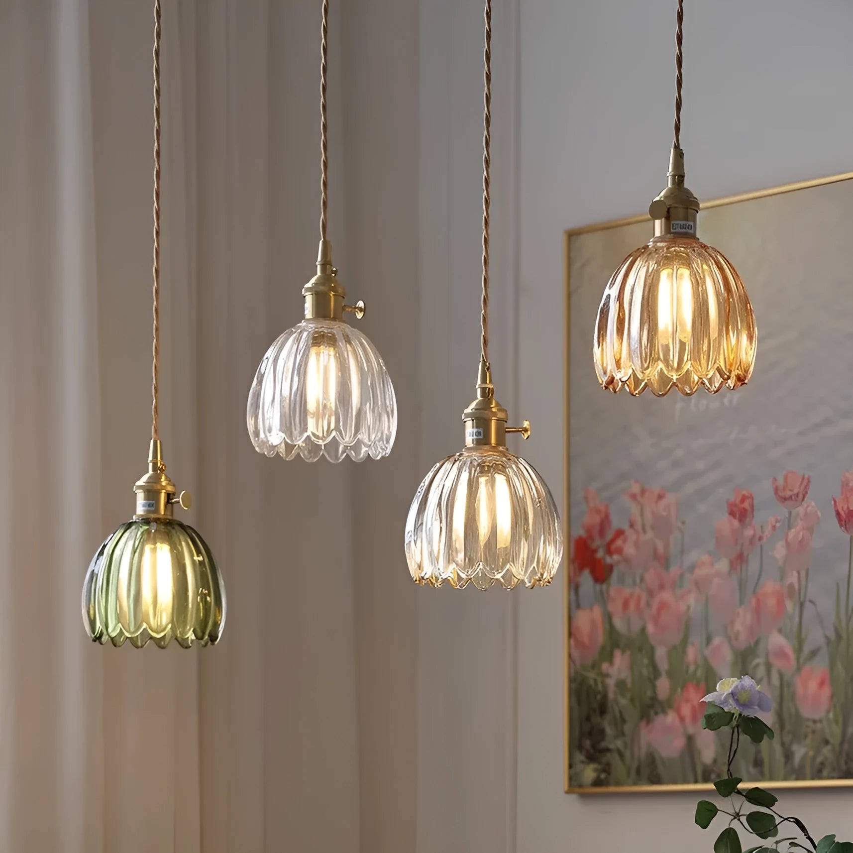 Vintage glass flower chandelier ceiling light with Nordic styling in amber colour option