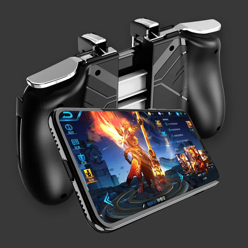 Adjustable mobile game controller handle showing telescopic arm extended with smartphone inserted
