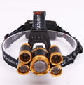 Gold and silver aluminium alloy LED head torch showing adjustable focus ring and angled head on a headband.
