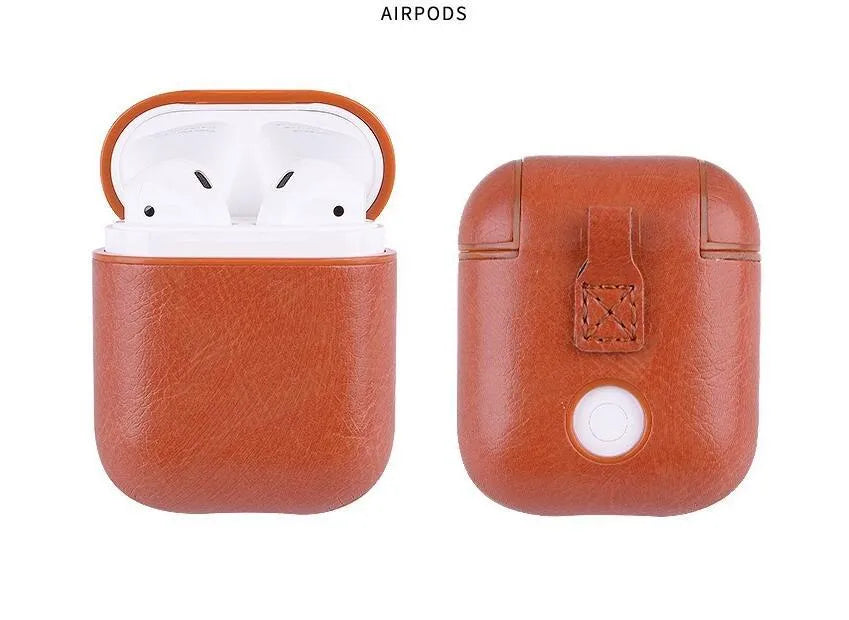 Genuine leather protective case sleeve for Apple Airpods charging case in black, brown, light brown, and red.