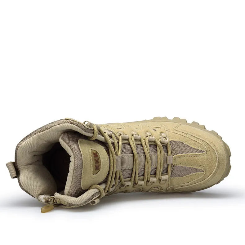 US Army Delta Tactical Boots in black and sand colours, showing leather and velvet upper with rubber sole.