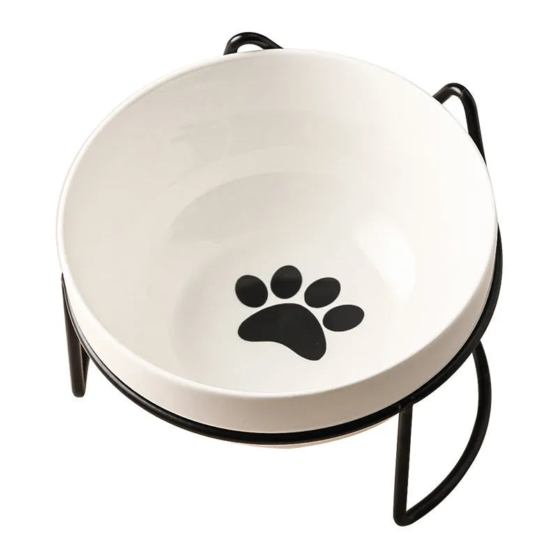 White ceramic pet bowl with cat footprints pattern in black iron cat ear frame