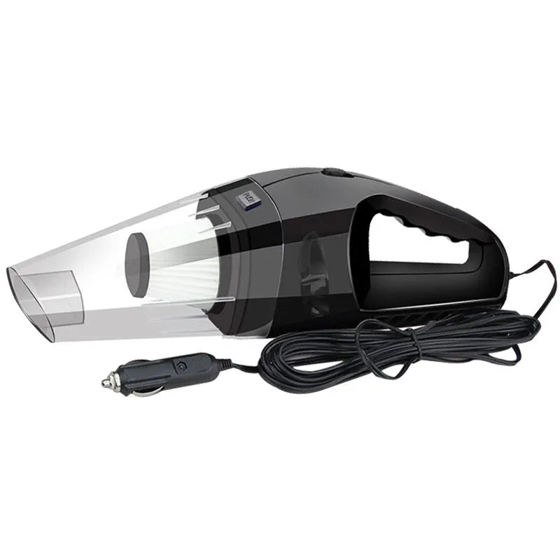Orange, black, and blue coloured 12V portable handheld car vacuum cleaner with nozzles and power cord.
