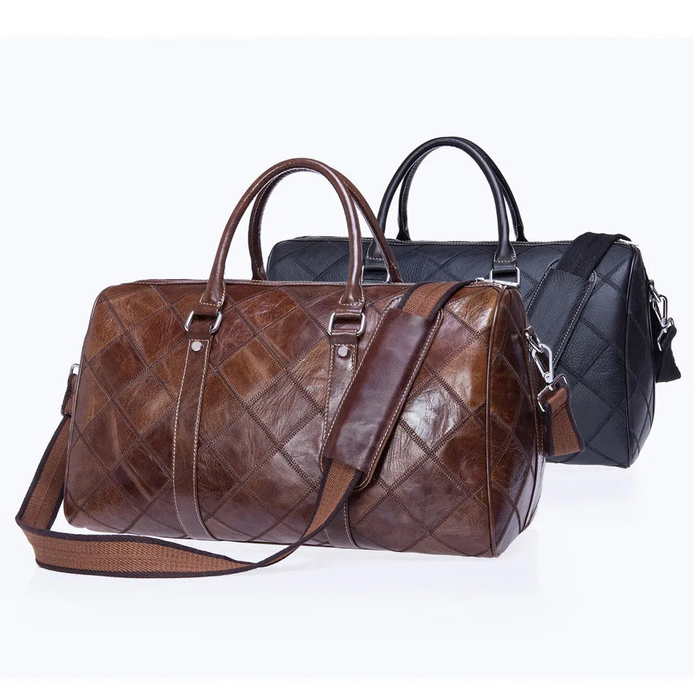 Vintage brown cowhide leather men's duffel bag with a single shoulder strap.