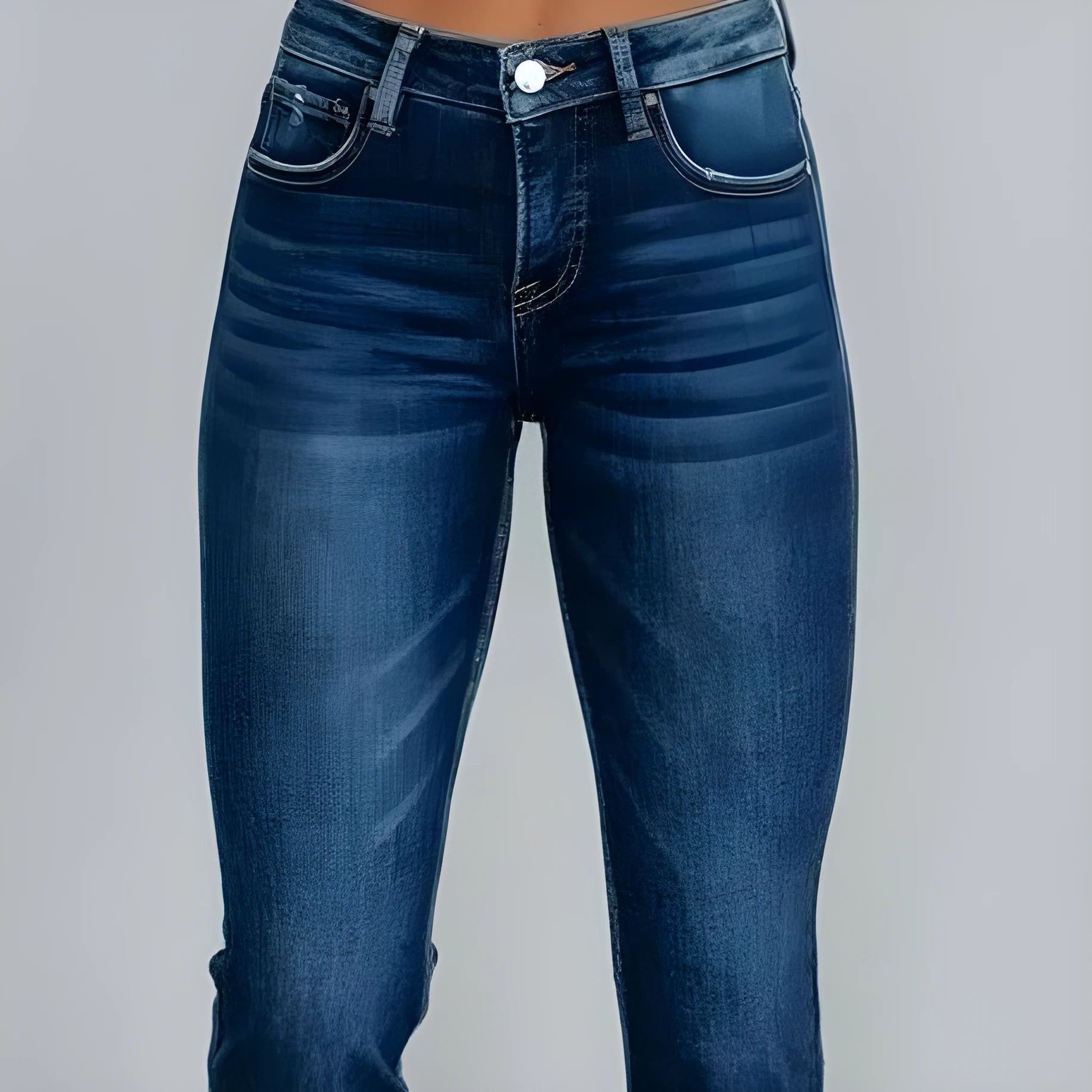 Women's solid colour denim jeans with hand-worn distressing in light blue wash, straight leg fit
