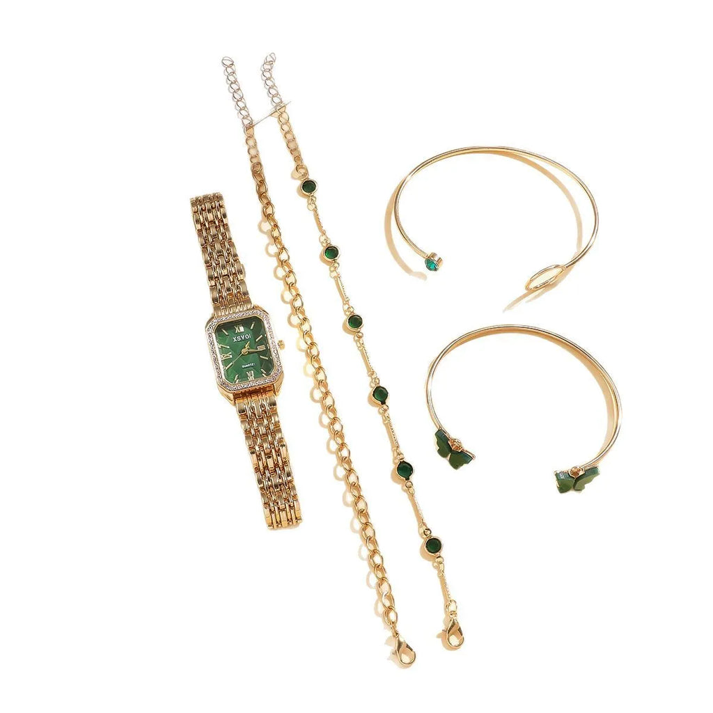 Gold green square women's watch with four matching bracelets, alloy case with jewellery buckle