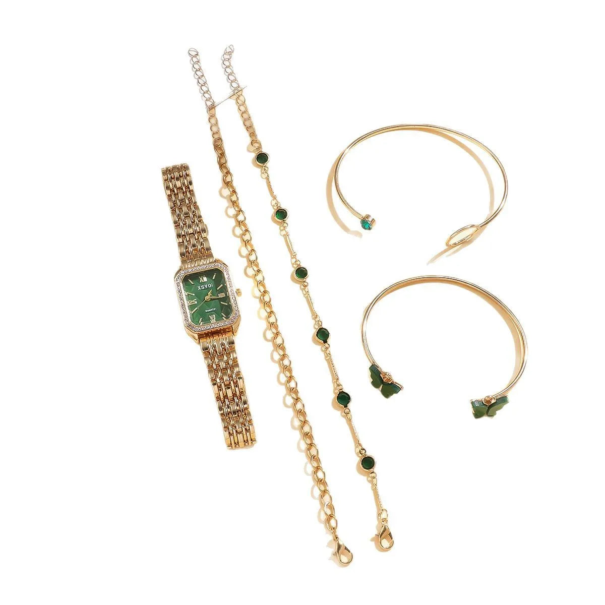 Gold green square women's watch with four matching bracelets, alloy case with jewellery buckle