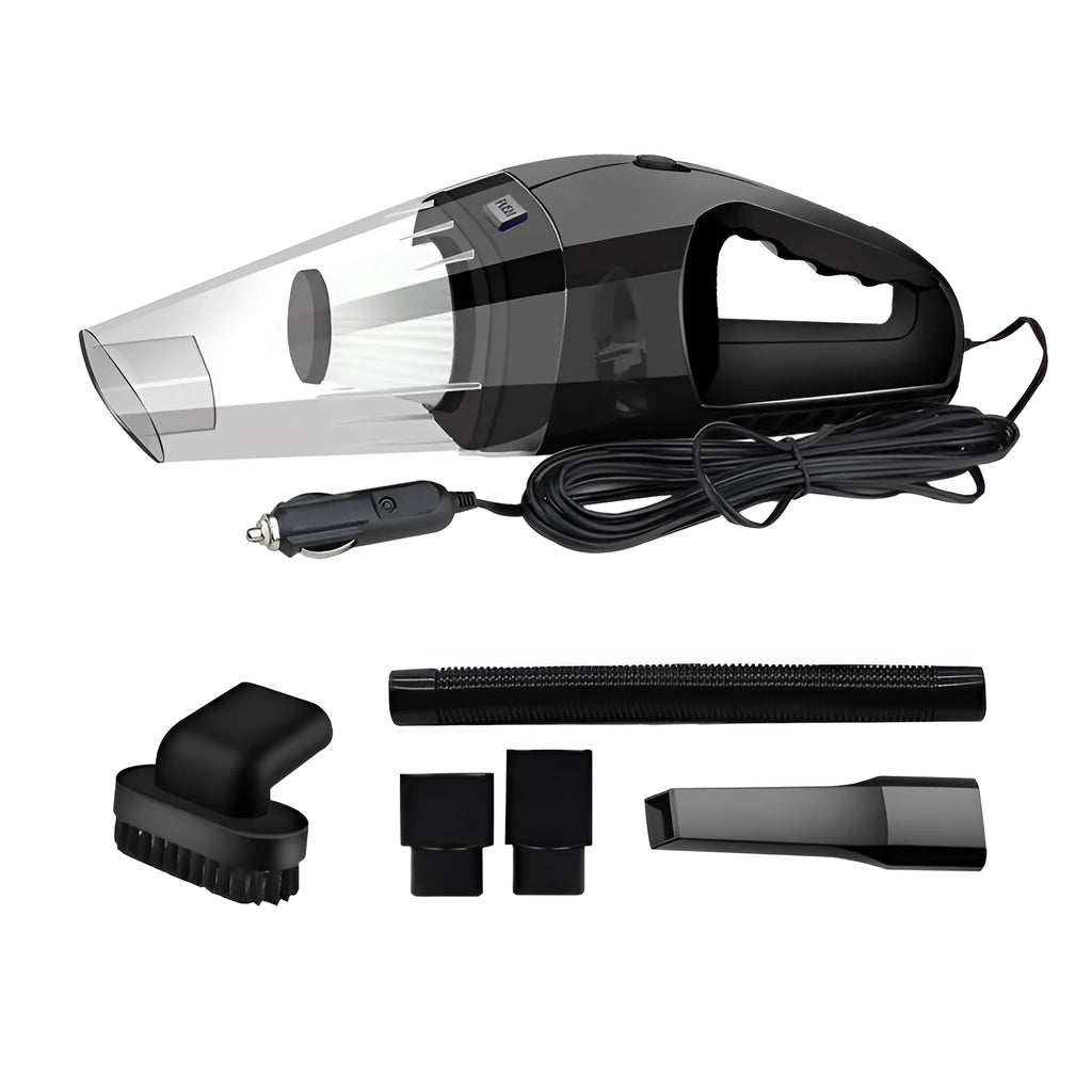 Orange, black, and blue coloured 12V portable handheld car vacuum cleaner with nozzles and power cord.