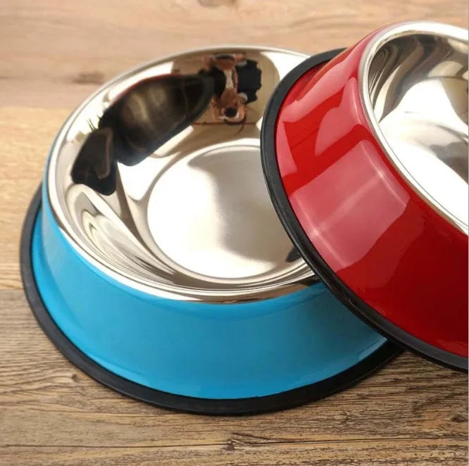 Stainless steel pet bowl with colourful melamine exterior and non-slip rubber ring base