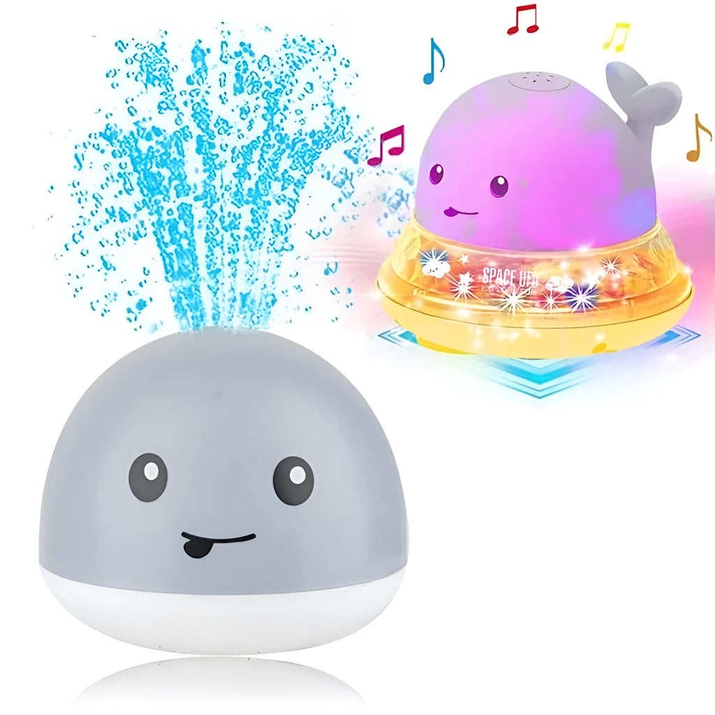 Whale-shaped bath toy with water spray feature and LED lights for baby bath time sensory play