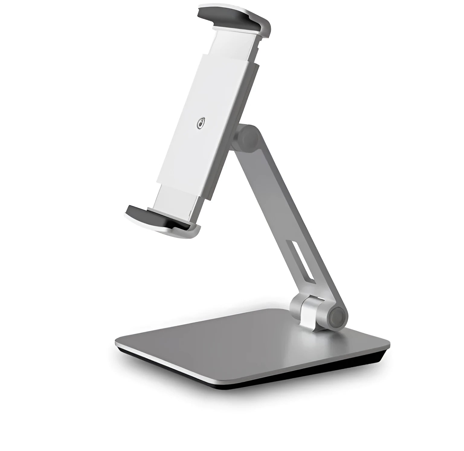 Silver foldable aluminium tablet phone holder showing 360-degree rotation mechanism and silicone anti-slip pads