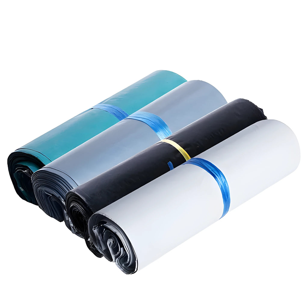 Bundle of 100 white self-seal PE courier bags with size and colour options shown.