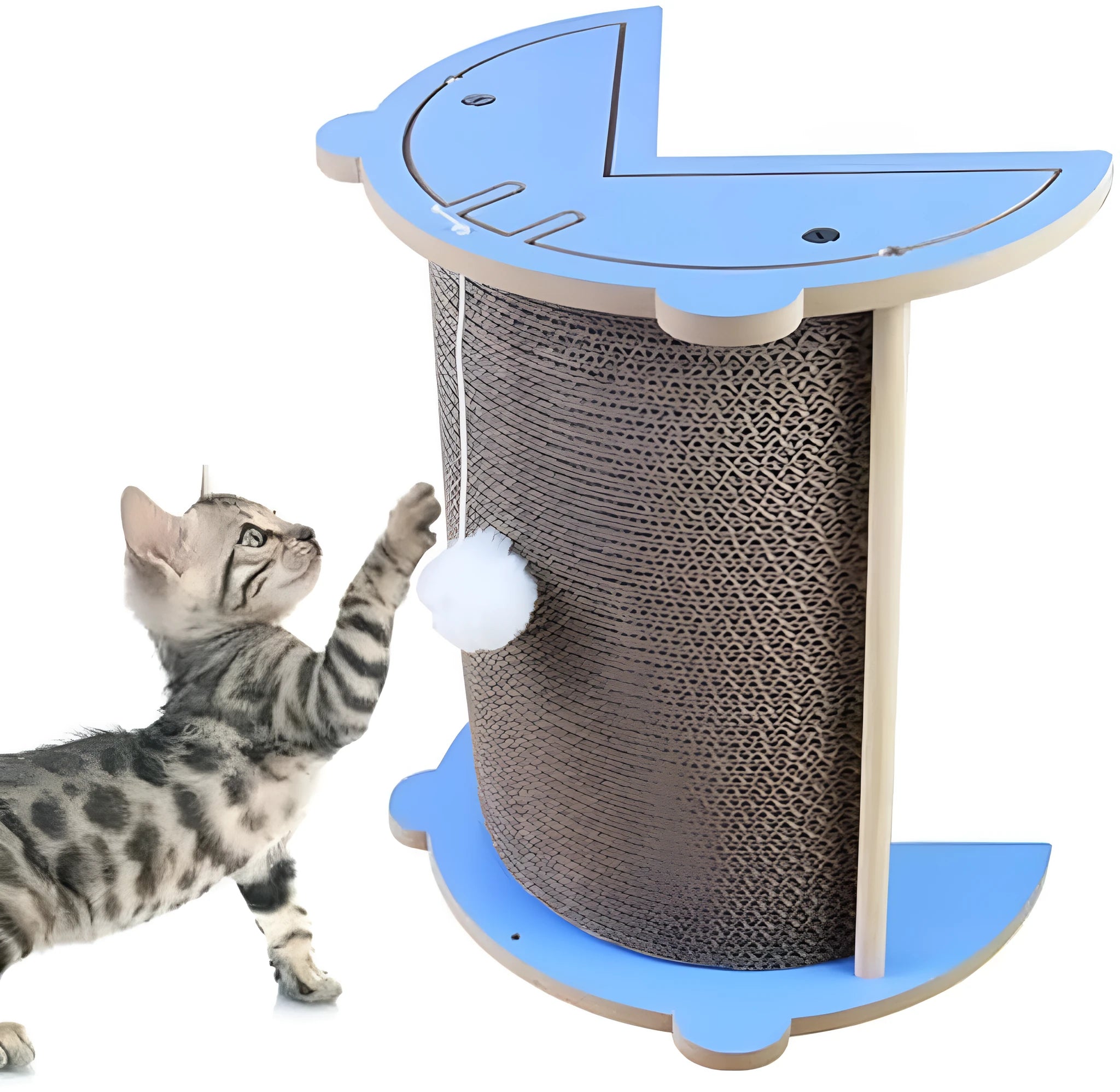 Grey cardboard cat scratching pad in a room corner with a hanging ball attached.