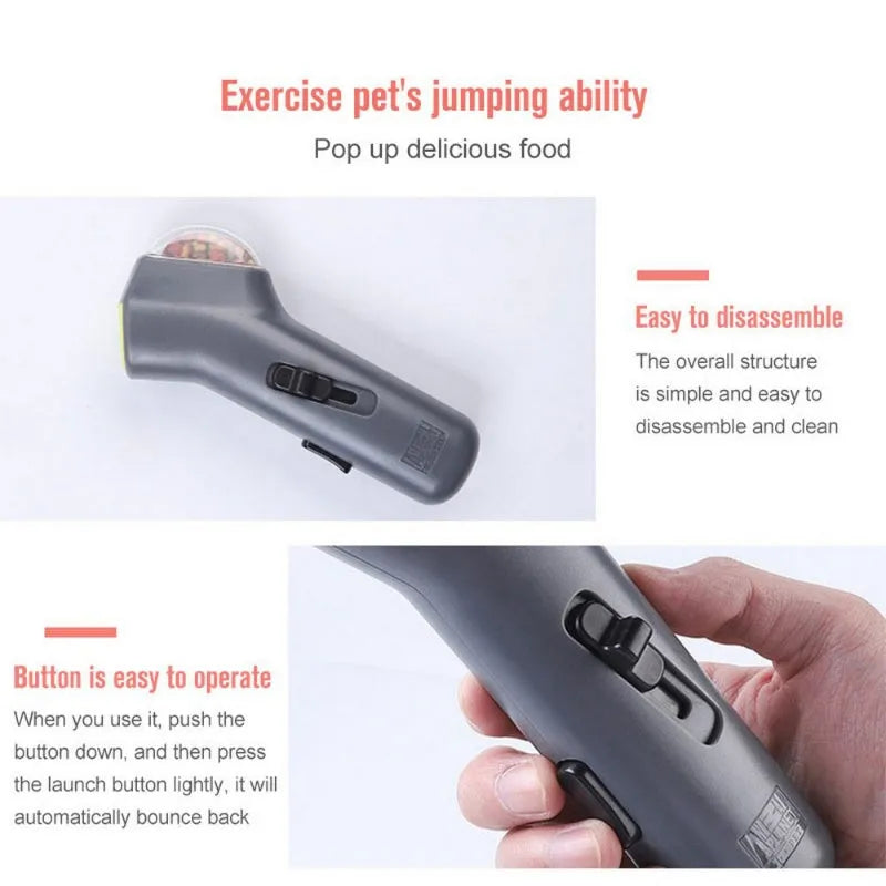Grey plastic pet treat catapult launcher for dogs and cats on a neutral background