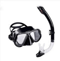 Black diving goggles with anti-fog lens, PC frame, and a silicone mouthpiece and strap for snorkelling.