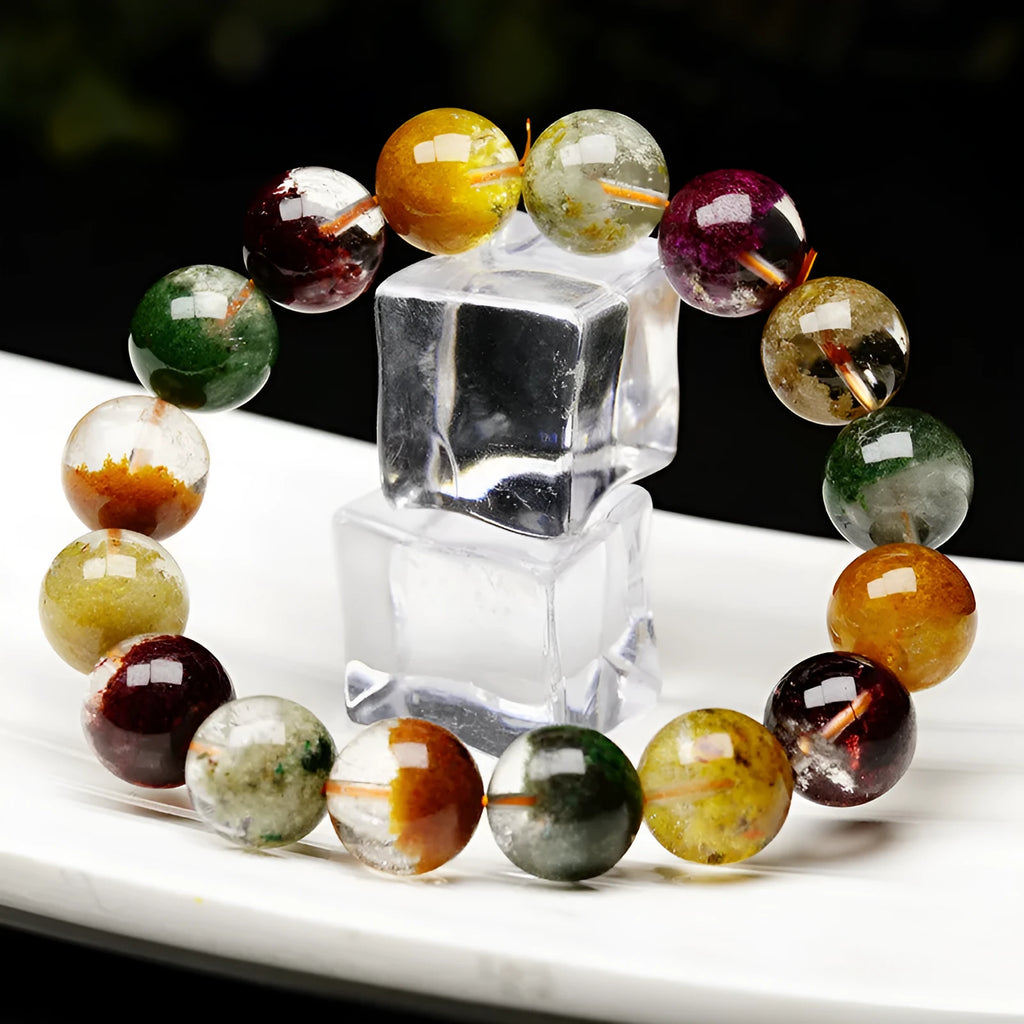 Crystal bracelet with 10mm spherical beads showing ghost cornucopia design in ethnic retro style