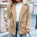 Women's fluffy loose lapel button winter coat on a hanger in a choice of twelve colours.