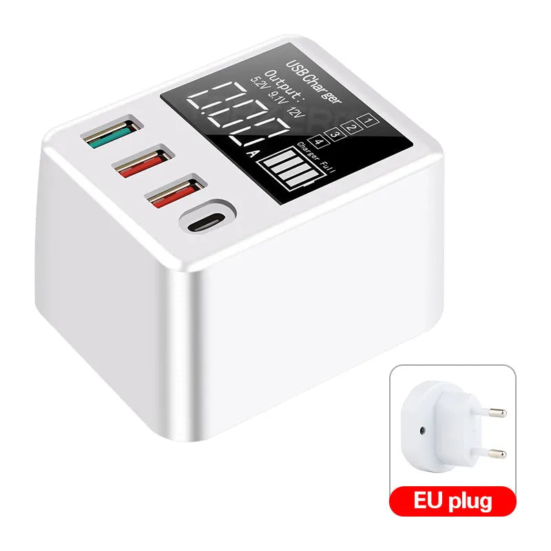 White 4-port USB travel charger with LED display showing output numbers, with UK plug pins.