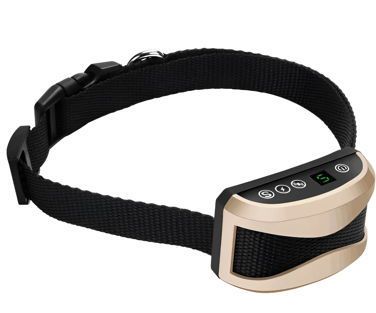 Black digital dog bark training collar with adjustable reflective strap on a table
