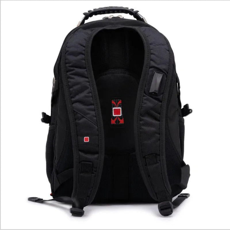 Black business laptop backpack open to show three internal compartments and laptop sleeve