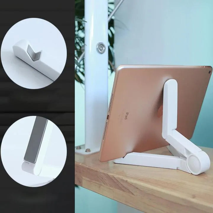 Black foldable aluminium tablet holder showing adjustable angles and flat-folded profile
