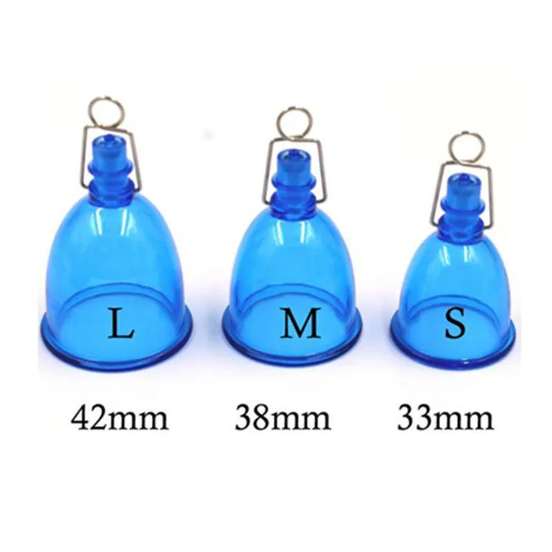 Blue silicone male adult exerciser cup shown in small, medium, and large size options