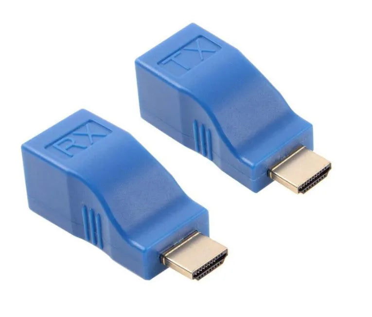 A compact black HDMI extender transmitter and receiver pair for extending signals over Cat5e/6 cable.