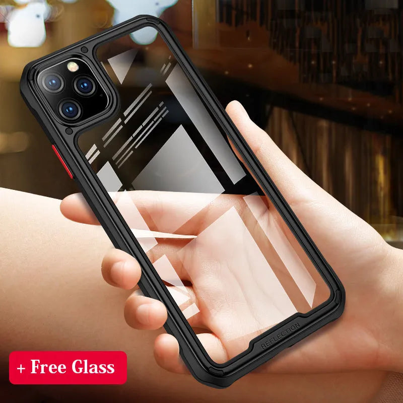 Transparent mobile phone case for Apple iPhone11 showing PU TPU construction with colour options