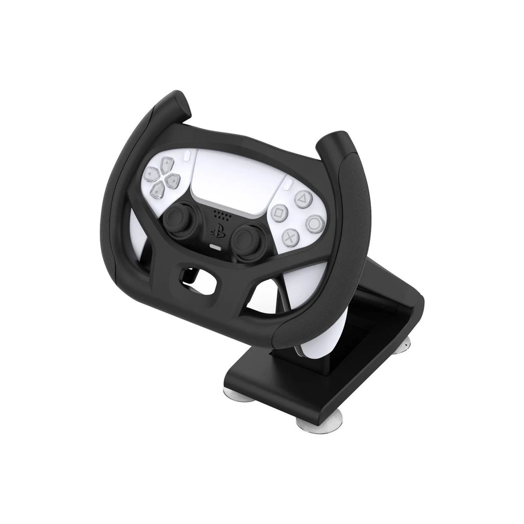 Black ABS plastic smartphone steering wheel bracket with suction cup attachment for mobile gaming