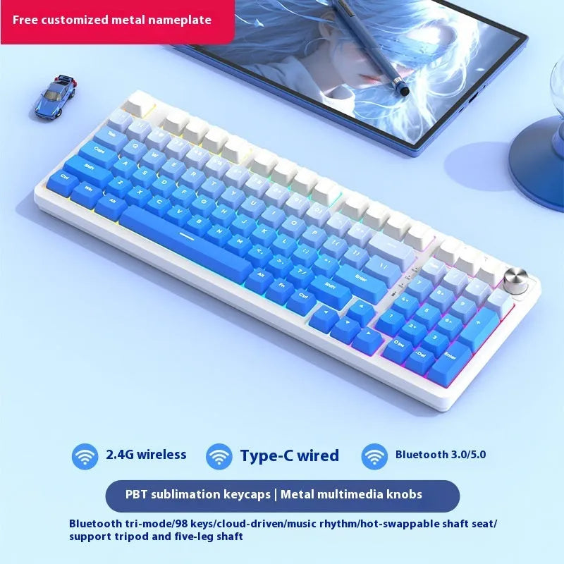 98-key wireless mechanical keyboard kit with metal control knob and optional display screen